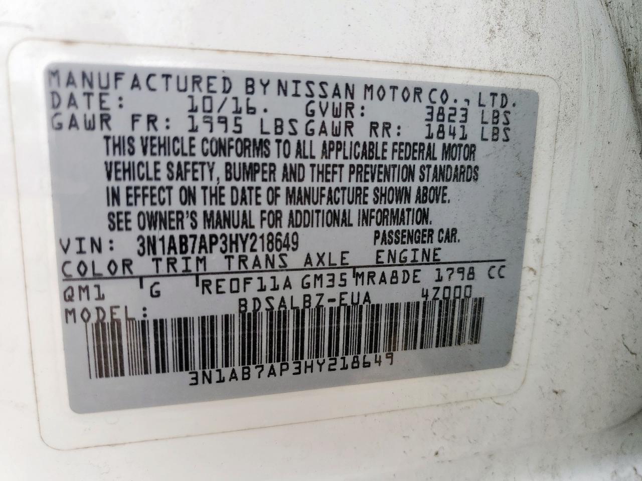 2017 Nissan Sentra S VIN: 3N1AB7AP3HY218649 Lot: 65607005
