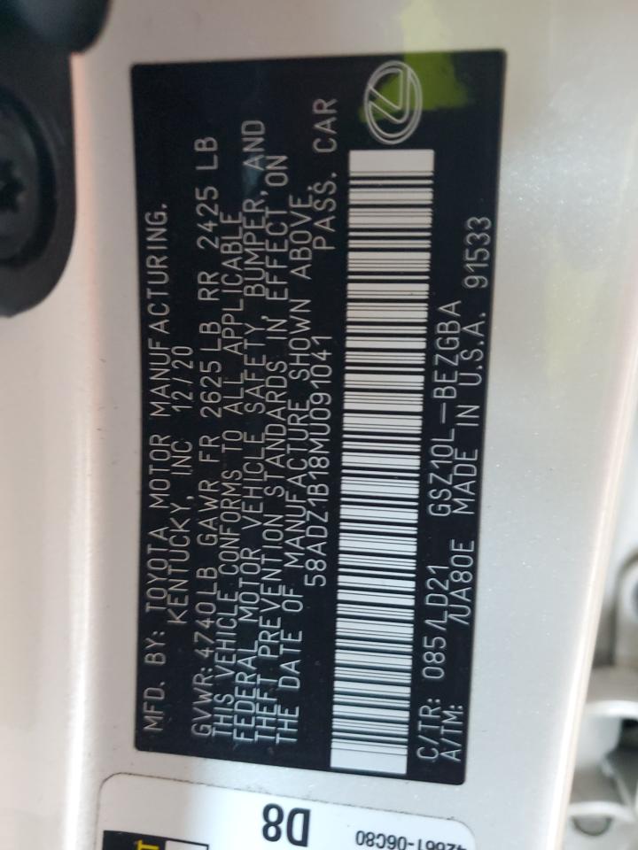 2021 Lexus Es 350 Base VIN: 58ADZ1B18MU091041 Lot: 63860065
