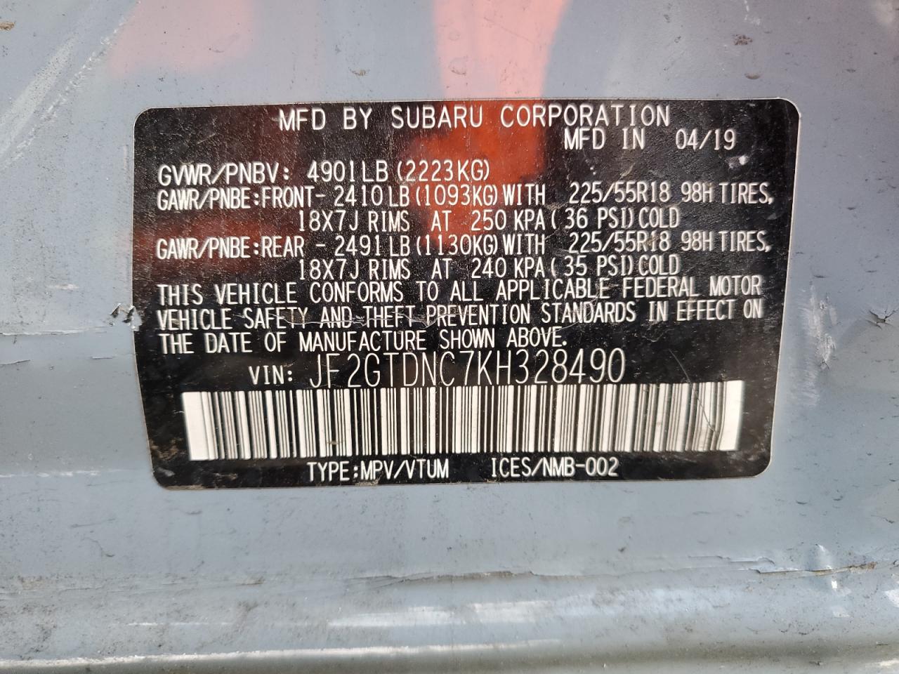 2019 Subaru Crosstrek Limited VIN: JF2GTDNC7KH328490 Lot: 67114625