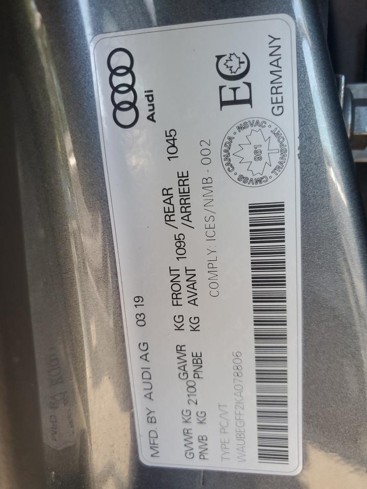 2019 Audi A3 Premium VIN: WAUBEGFF2KA078806 Lot: 63987585