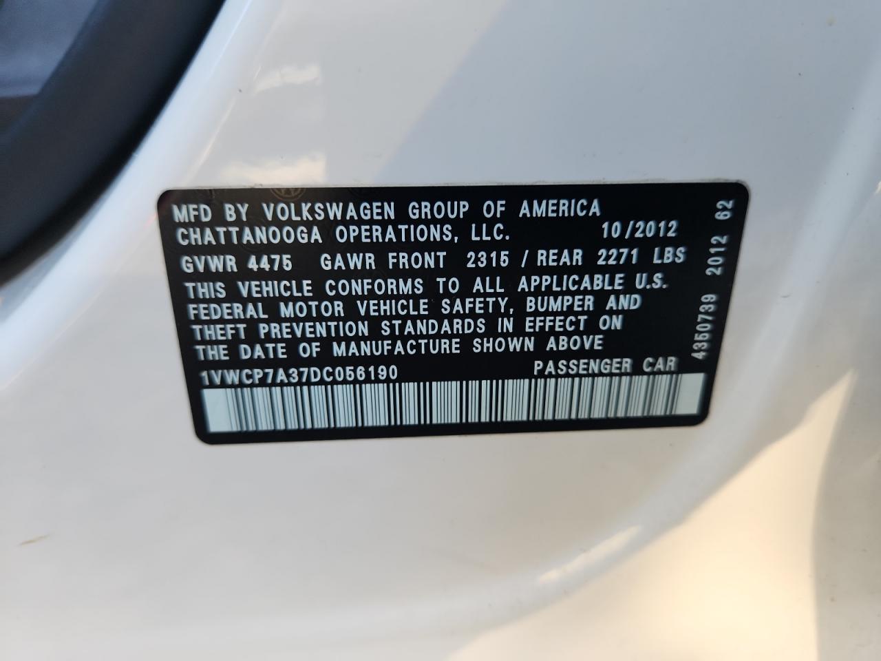 2013 Volkswagen Passat Sel VIN: 1VWCP7A37DC056190 Lot: 64288435