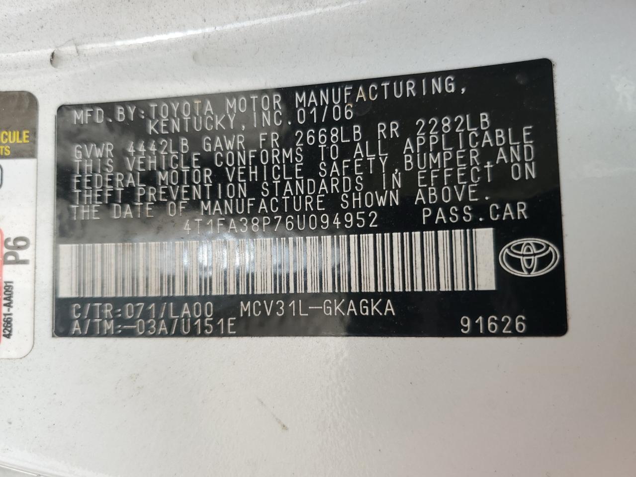 2006 Toyota Camry Solara Se VIN: 4T1FA38P76U089495 Lot: 66156015