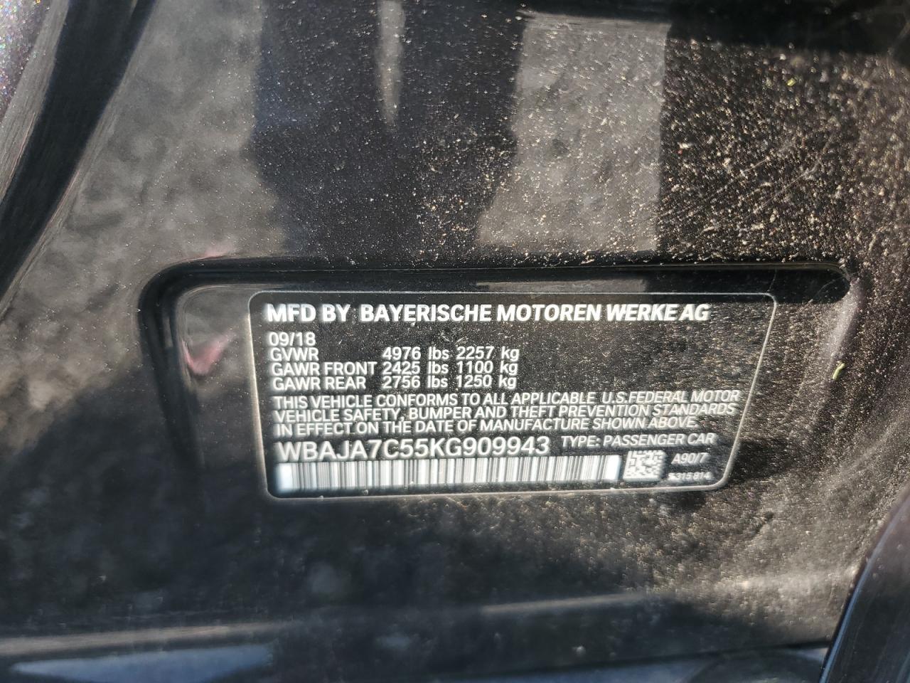 2019 BMW 530 Xi VIN: WBAJA7C55KG909943 Lot: 65892445