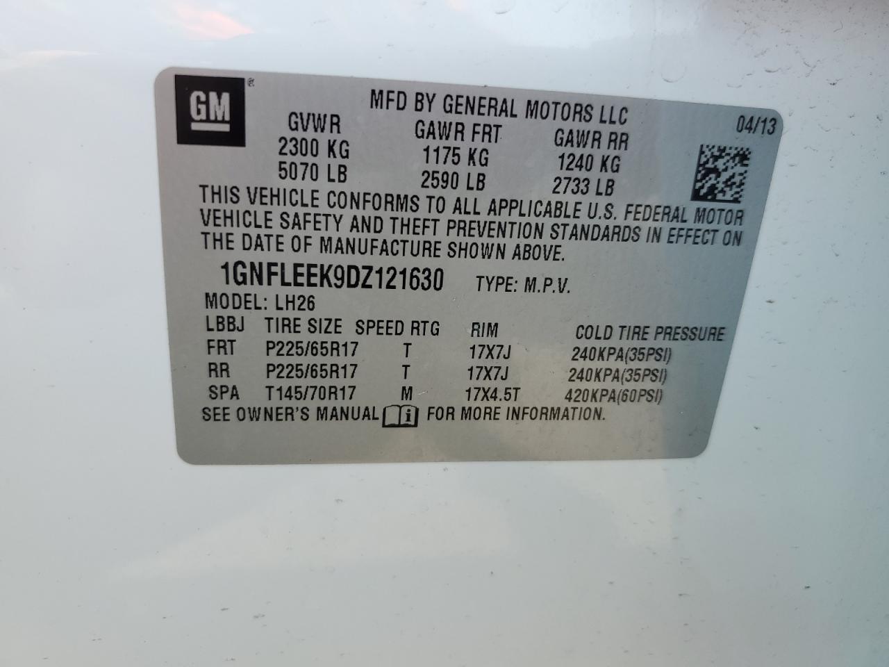 2013 Chevrolet Equinox Lt VIN: 1GNFLEEK9DZ121630 Lot: 63256215