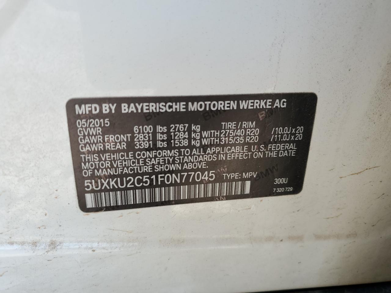 2015 BMW X6 xDrive35I VIN: 5UXKU2C51F0N77045 Lot: 64037645