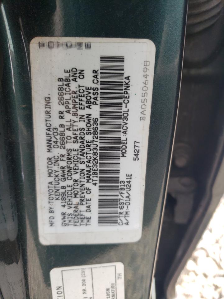 2003 Toyota Camry Le VIN: 4T1BE32K83U728636 Lot: 64601635