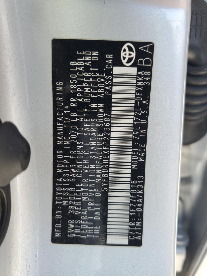 2015 Toyota Corolla L VIN: 5YFBURHEXFP229687 Lot: 65363825