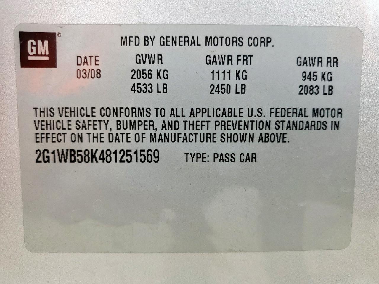 2008 Chevrolet Impala Ls VIN: 2G1WB58K481251569 Lot: 63375635