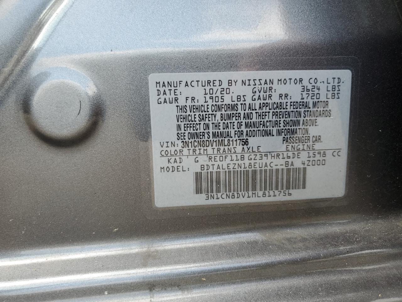 2021 Nissan Versa S VIN: 3N1CN8DV1ML811756 Lot: 64072375