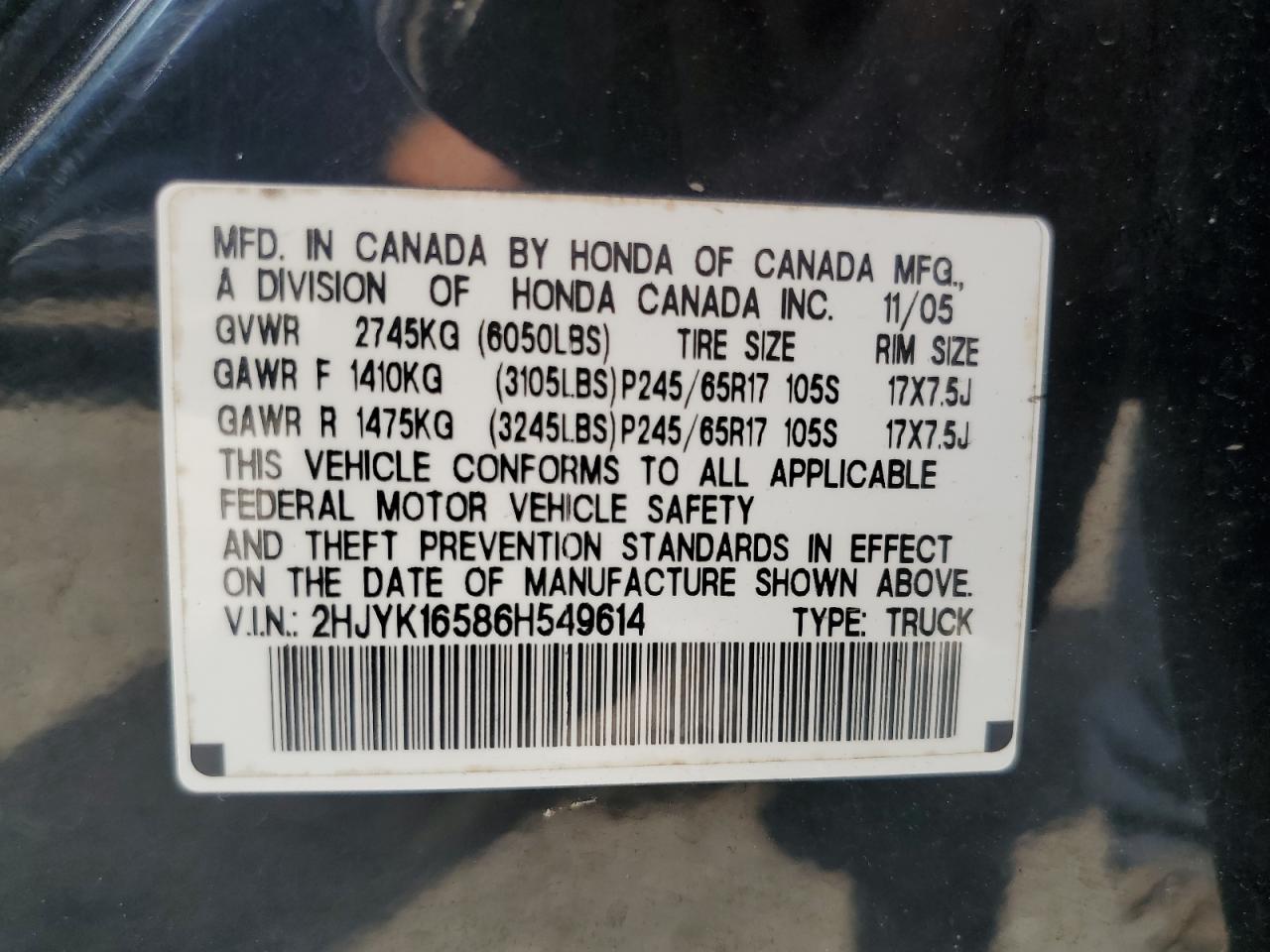 2006 Honda Ridgeline Rtl VIN: 2HJYK16586H549614 Lot: 65400865