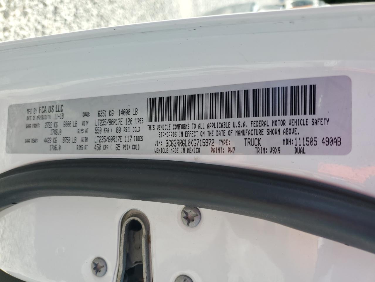 2019 Ram 3500 Tradesman VIN: 3C63RRGL0KG715972 Lot: 65523955