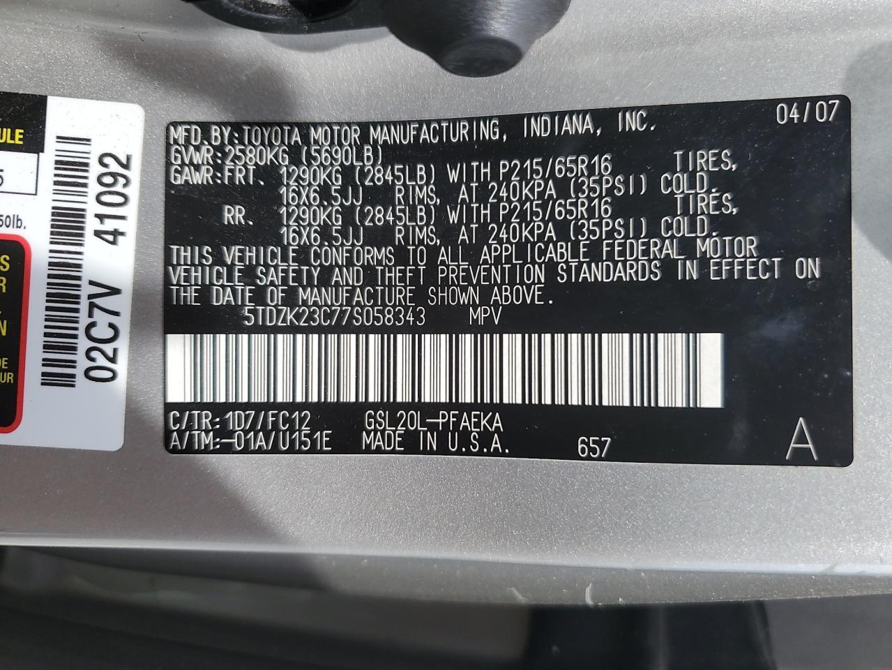 2007 Toyota Sienna Ce VIN: 5TDZK23C77S058343 Lot: 64811845