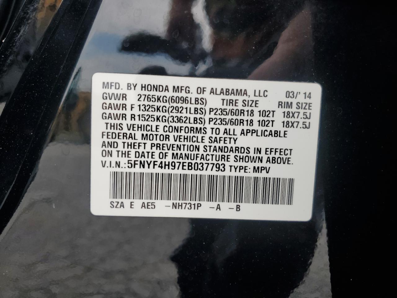 2014 Honda Pilot Touring VIN: 5FNYF4H97EB037793 Lot: 65531305