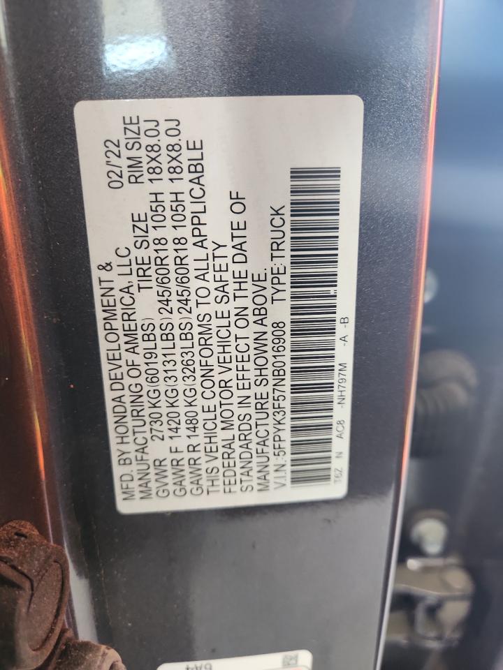 2022 Honda Ridgeline Rtl VIN: 5FPYK3F57NB016908 Lot: 63746565