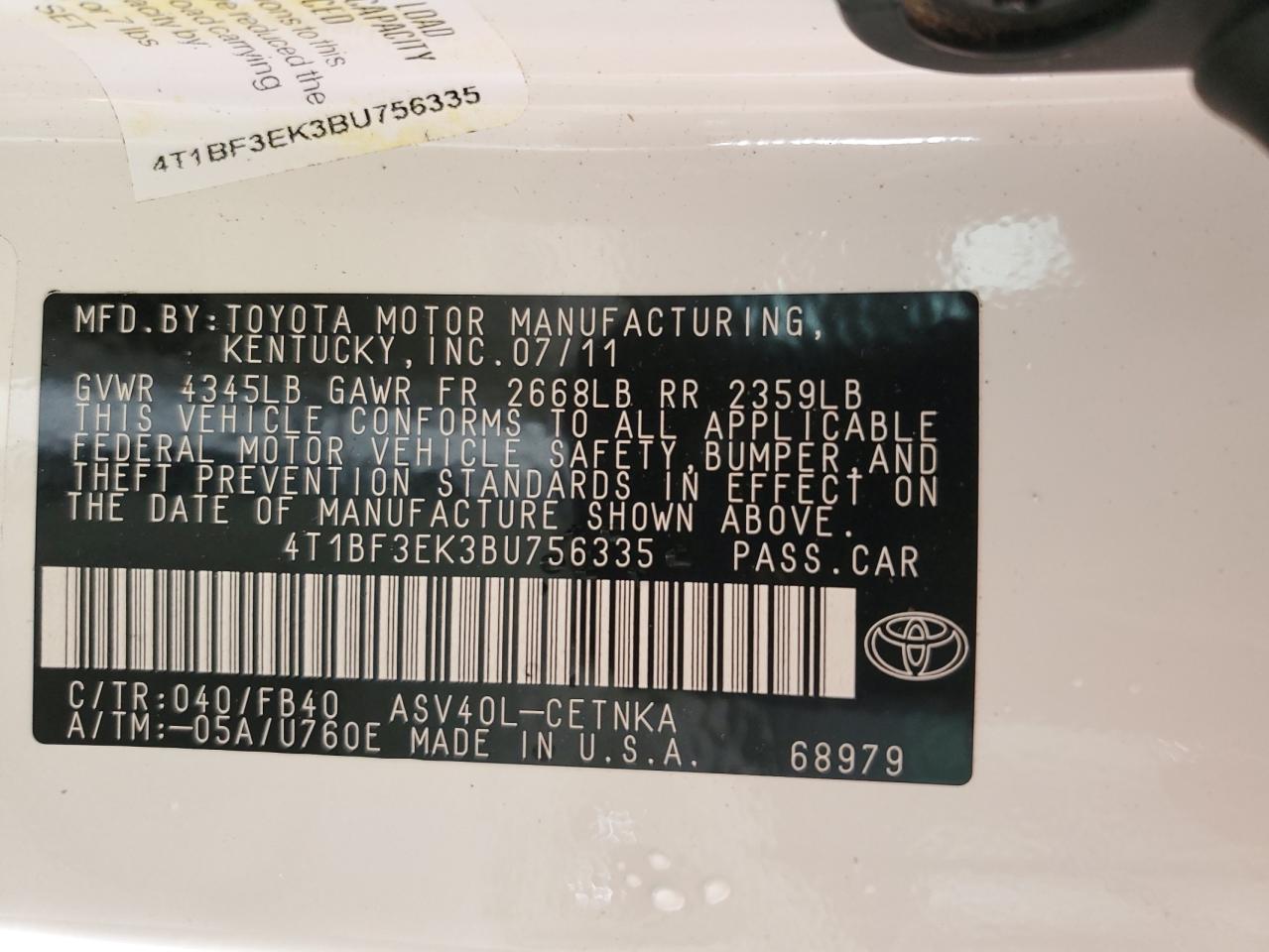 2011 Toyota Camry Base VIN: 4T1BF3EK3BU756335 Lot: 64842795