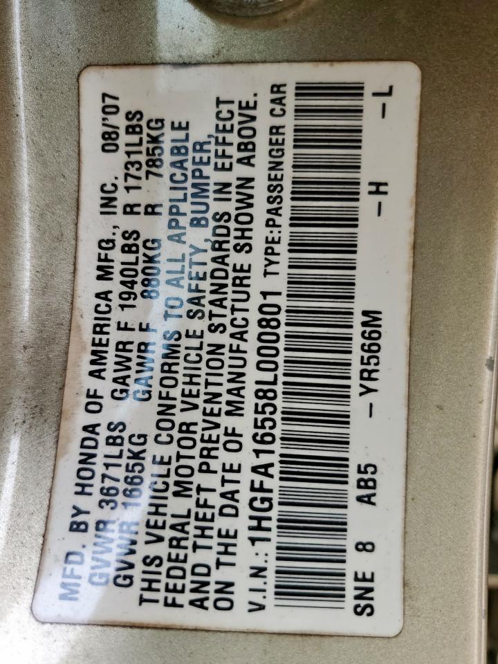 2008 Honda Civic Lx VIN: 1HGFA16558L000801 Lot: 64986355