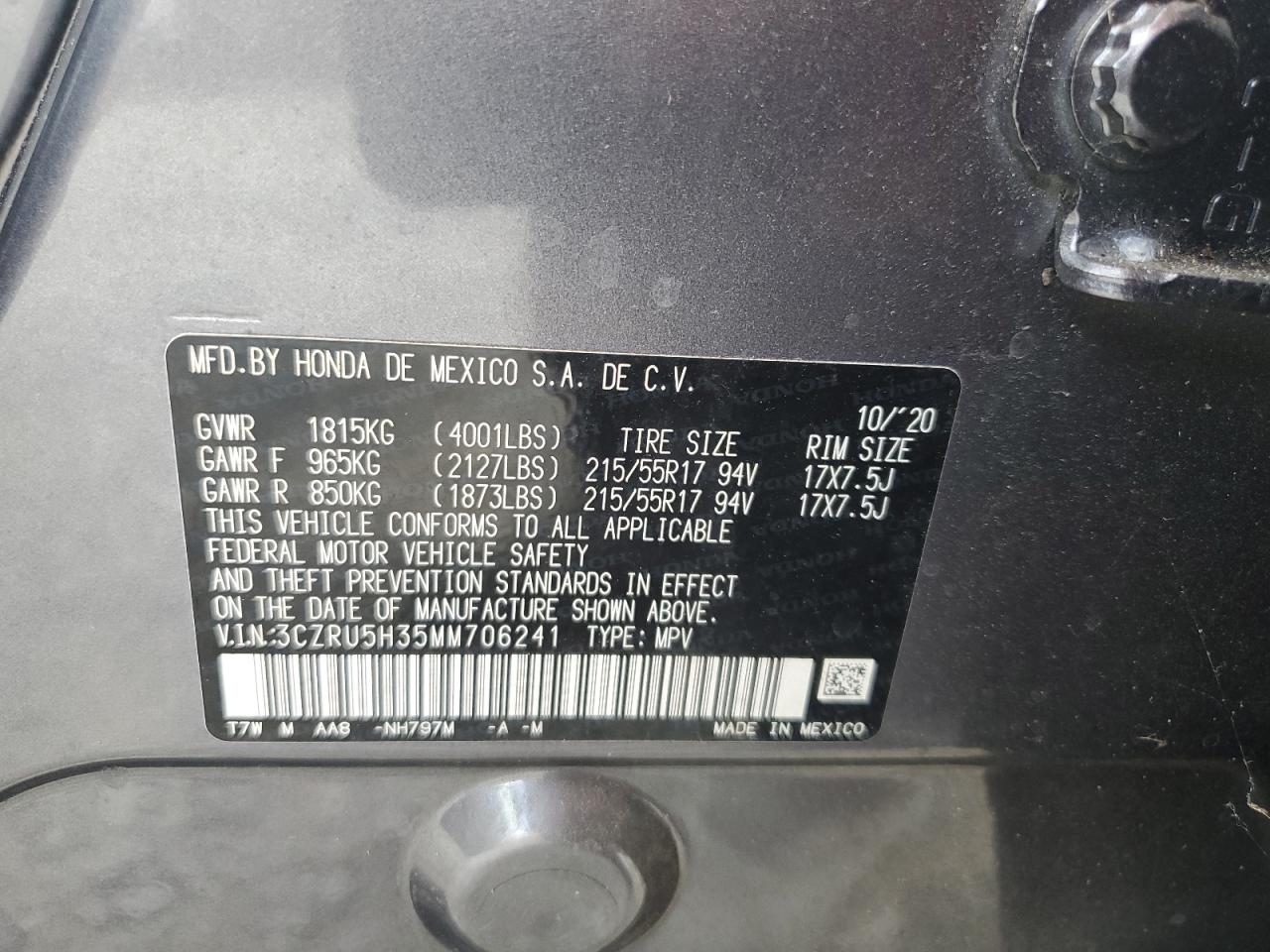 2021 Honda Hr-V Lx VIN: 3CZRU5H35MM706241 Lot: 64606945