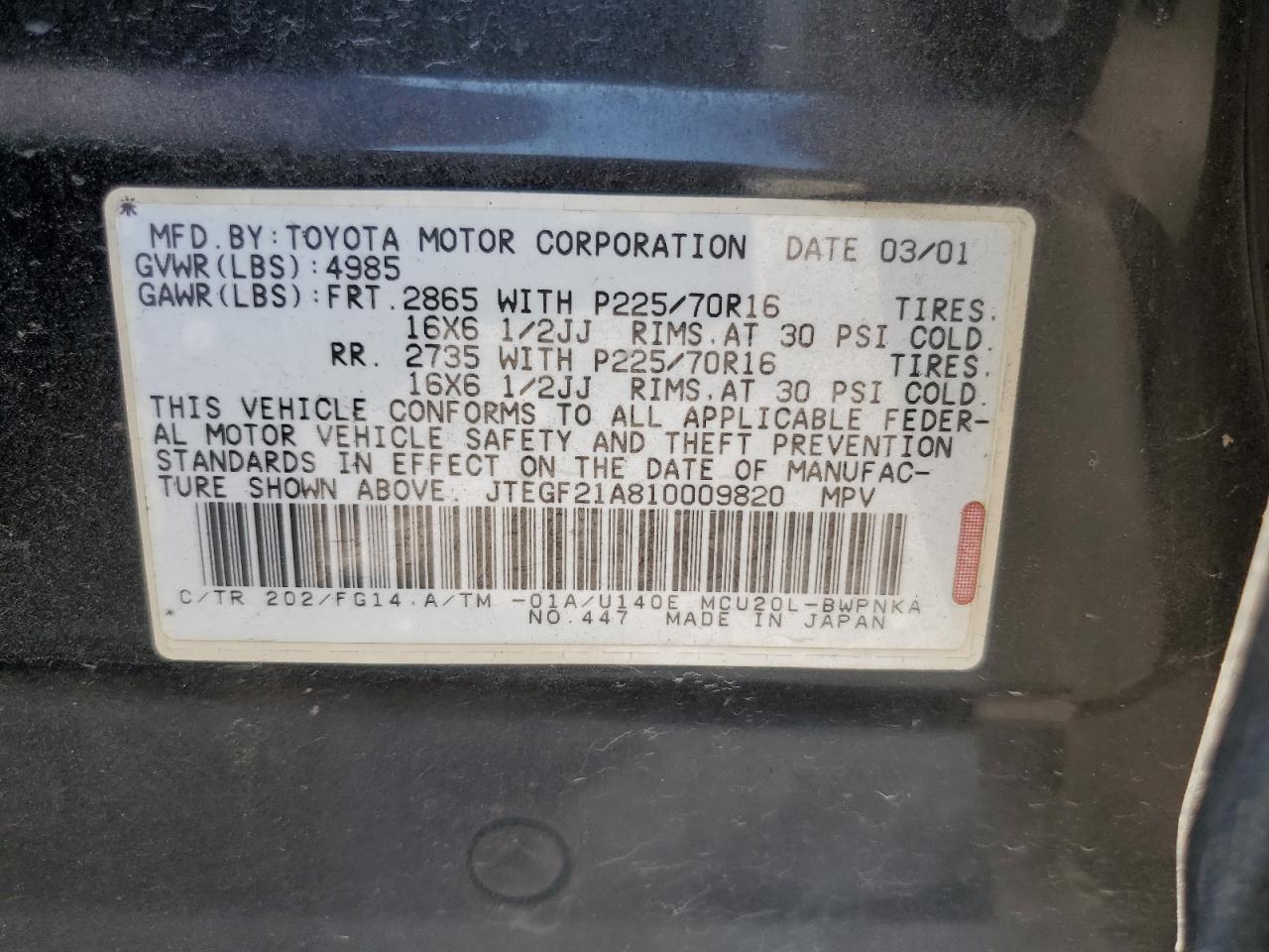 2001 Toyota Highlander VIN: JTEGF21A810009820 Lot: 64680995