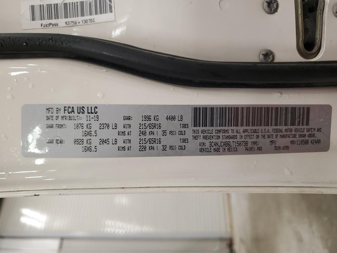 2020 Jeep Compass Sport VIN: 3C4NJCAB6LT150738 Lot: 67222455