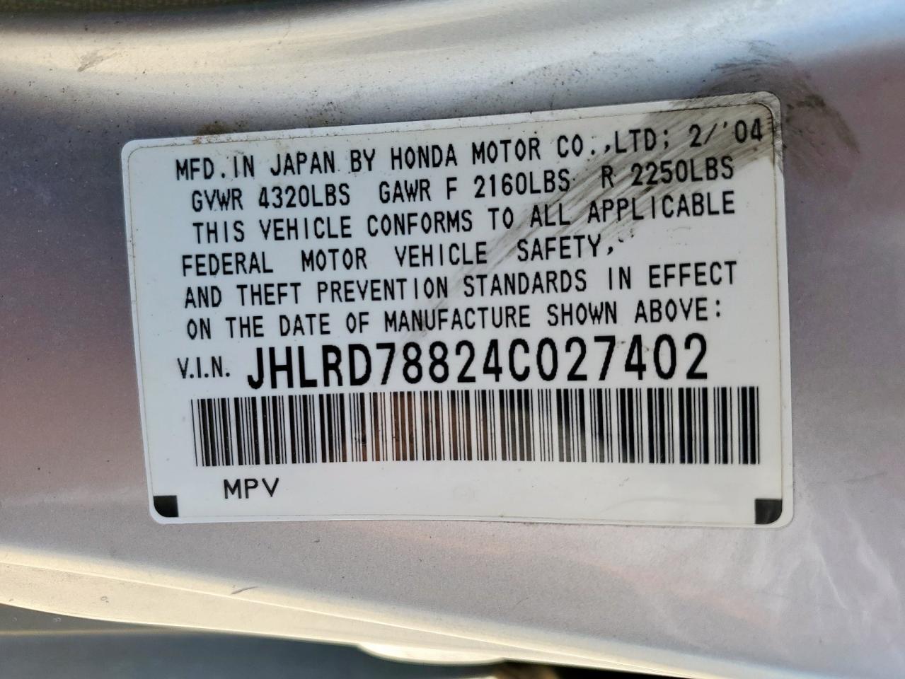 2004 Honda Cr-V Ex VIN: JHLRD78824C027402 Lot: 65472475