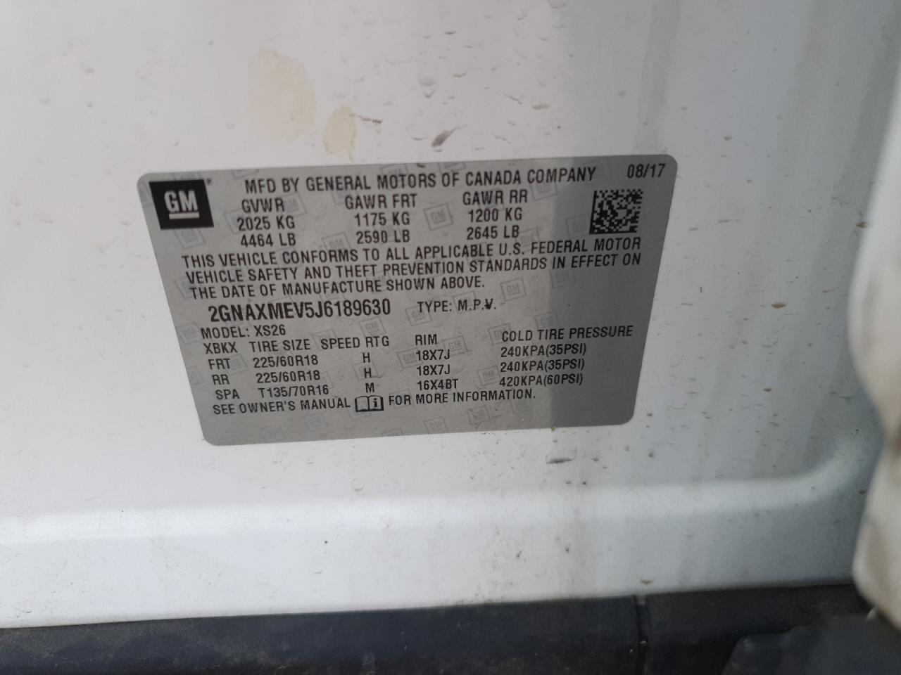 2018 Chevrolet Equinox Premier VIN: 2GNAXMEV5J6189630 Lot: 64642685