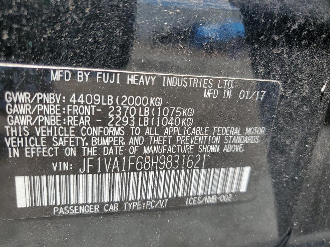 2017 Subaru Wrx Premium VIN: JF1VA1F68H9831621 Lot: 63689875