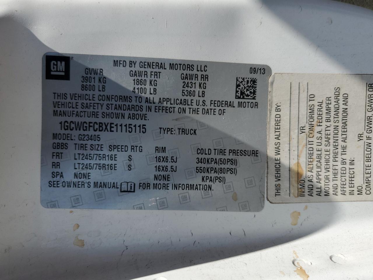 2014 Chevrolet Express G2500 VIN: 1GCWGFCBXE1115115 Lot: 62924125