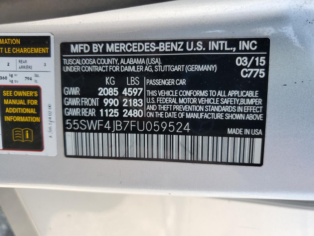 2015 Mercedes-Benz C 300 VIN: 55SWF4JB7FU059524 Lot: 64794955
