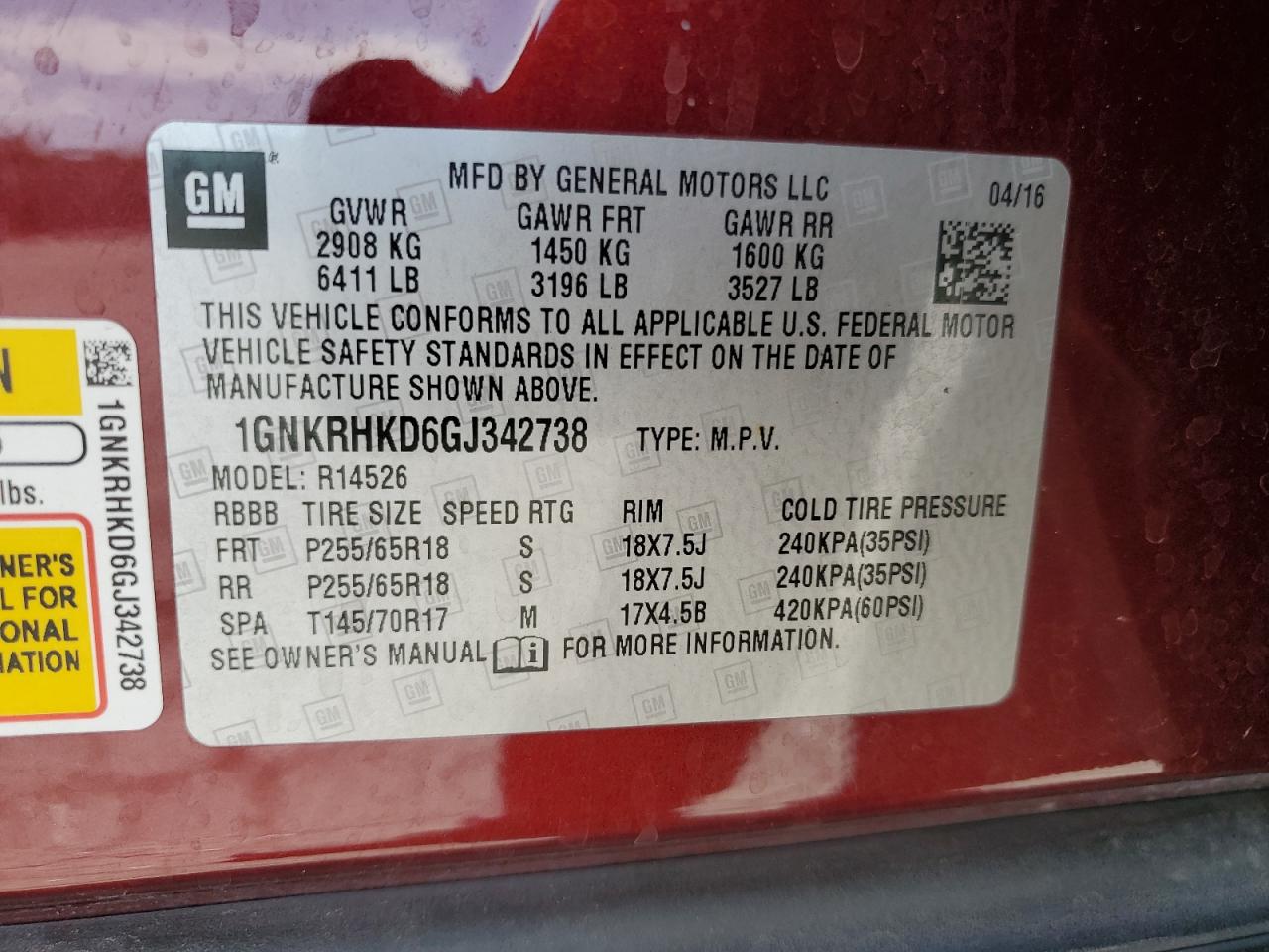 2016 Chevrolet Traverse Lt VIN: 1GNKRHKD6GJ342738 Lot: 64145305