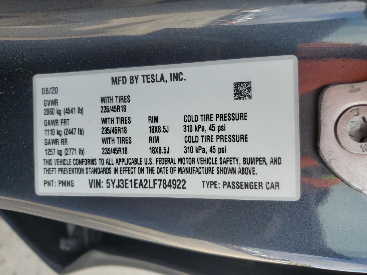 2020 Tesla Model 3 VIN: 5YJ3E1EA2LF784922 Lot: 64110475