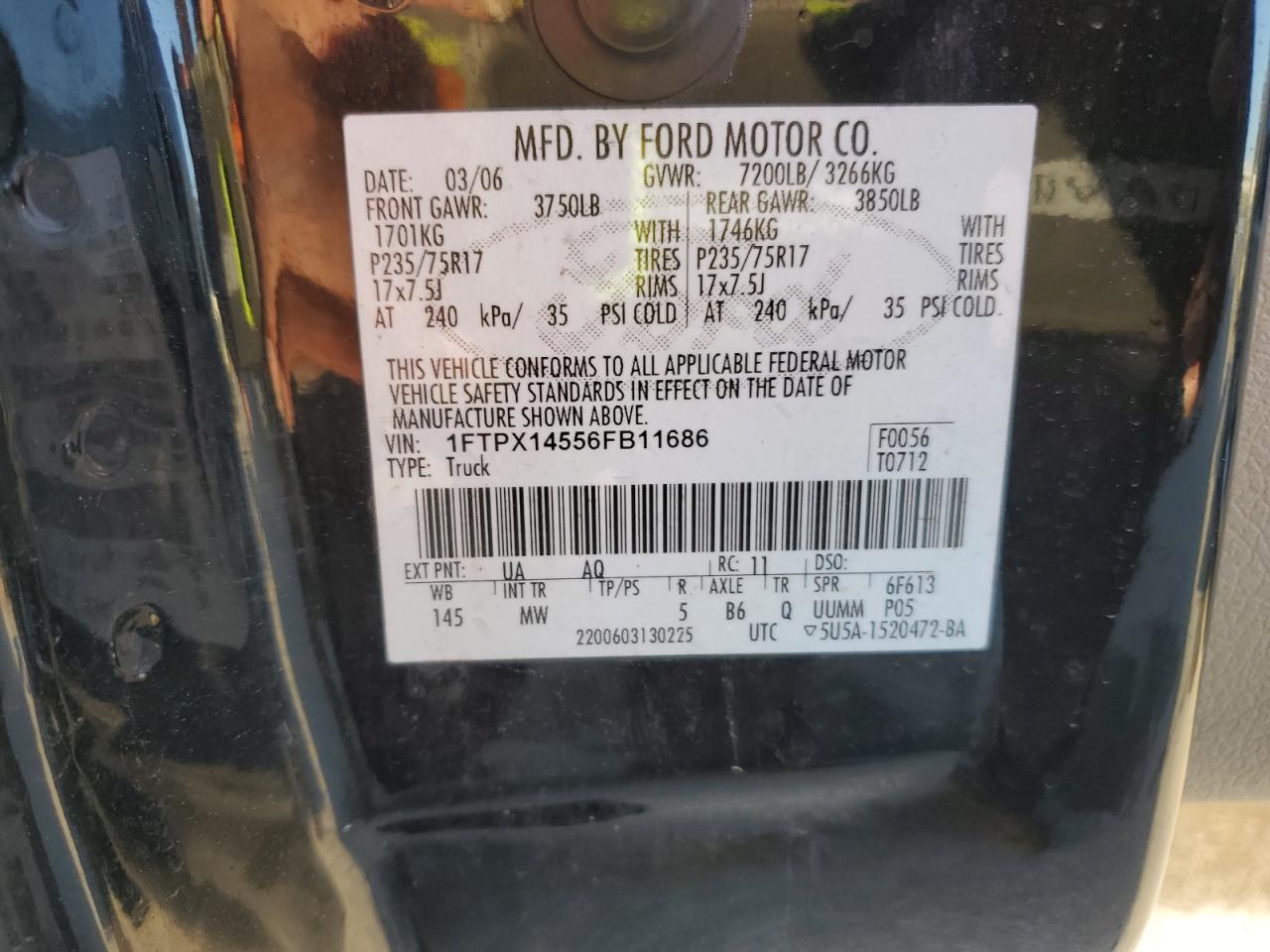 2006 Ford F150 VIN: 1FTPX14556FB11686 Lot: 64364035