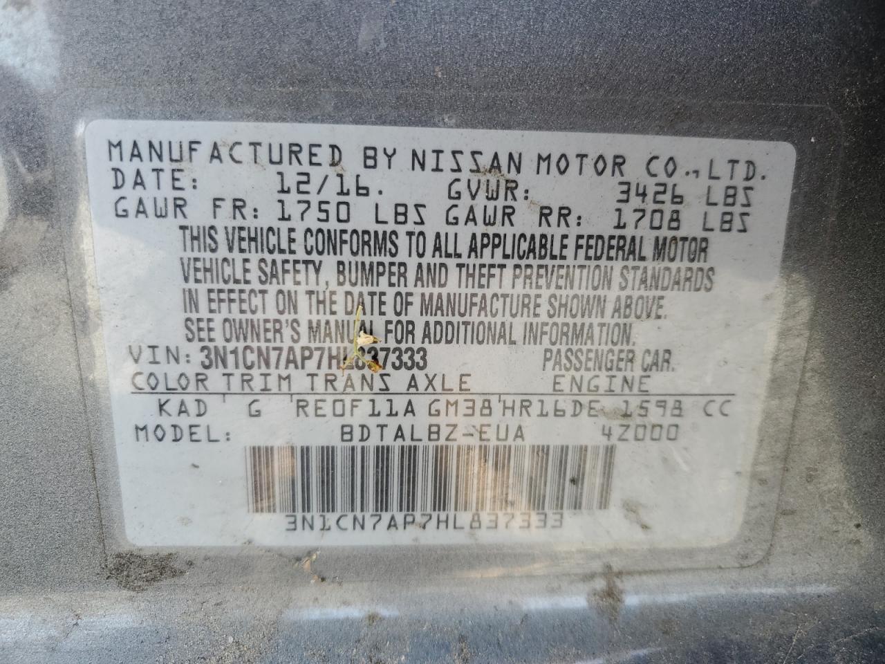 2017 Nissan Versa S VIN: 3N1CN7AP7HL837333 Lot: 64897935