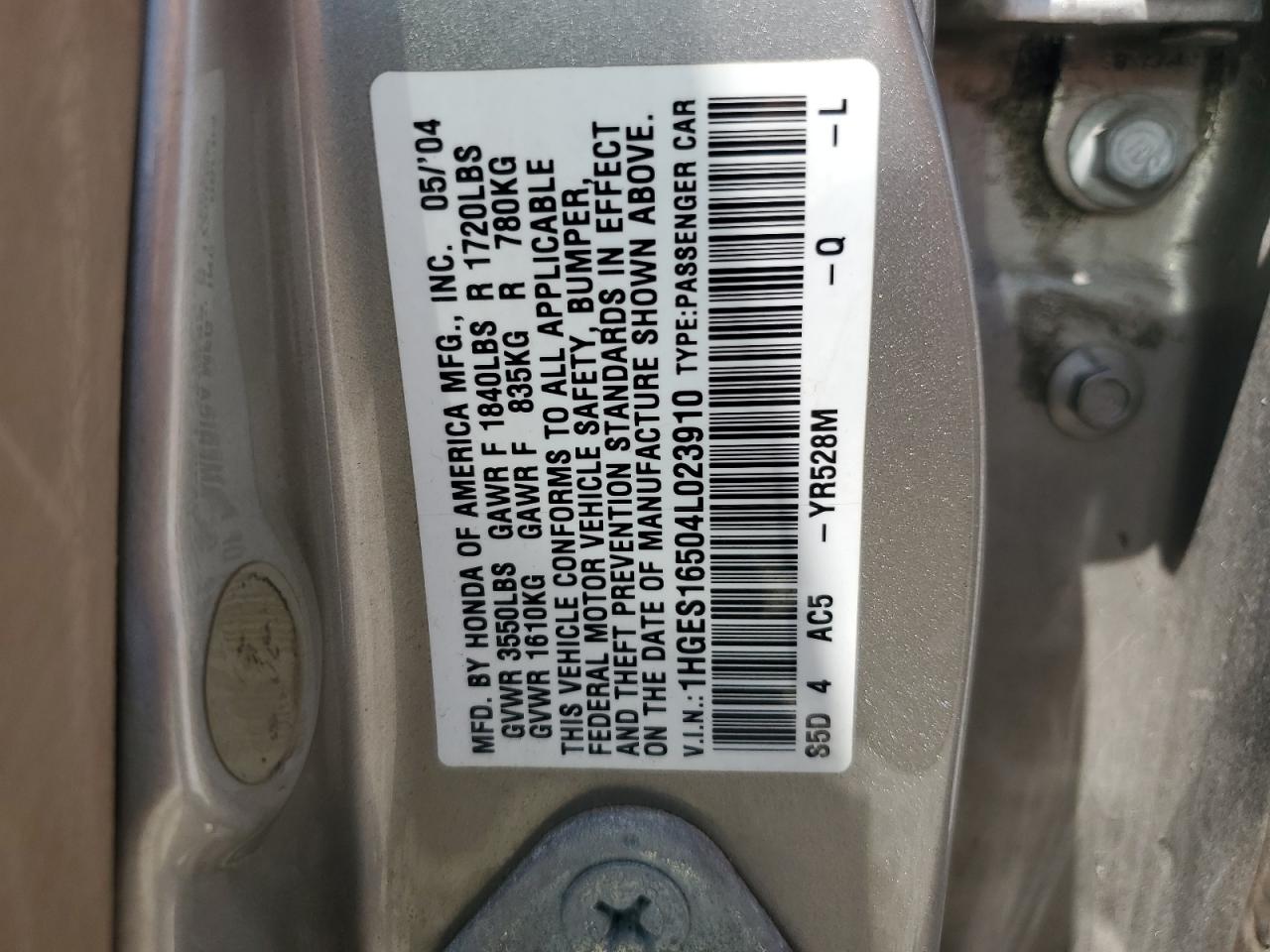 2004 Honda Civic Lx VIN: 1HGES16504L023910 Lot: 61770775