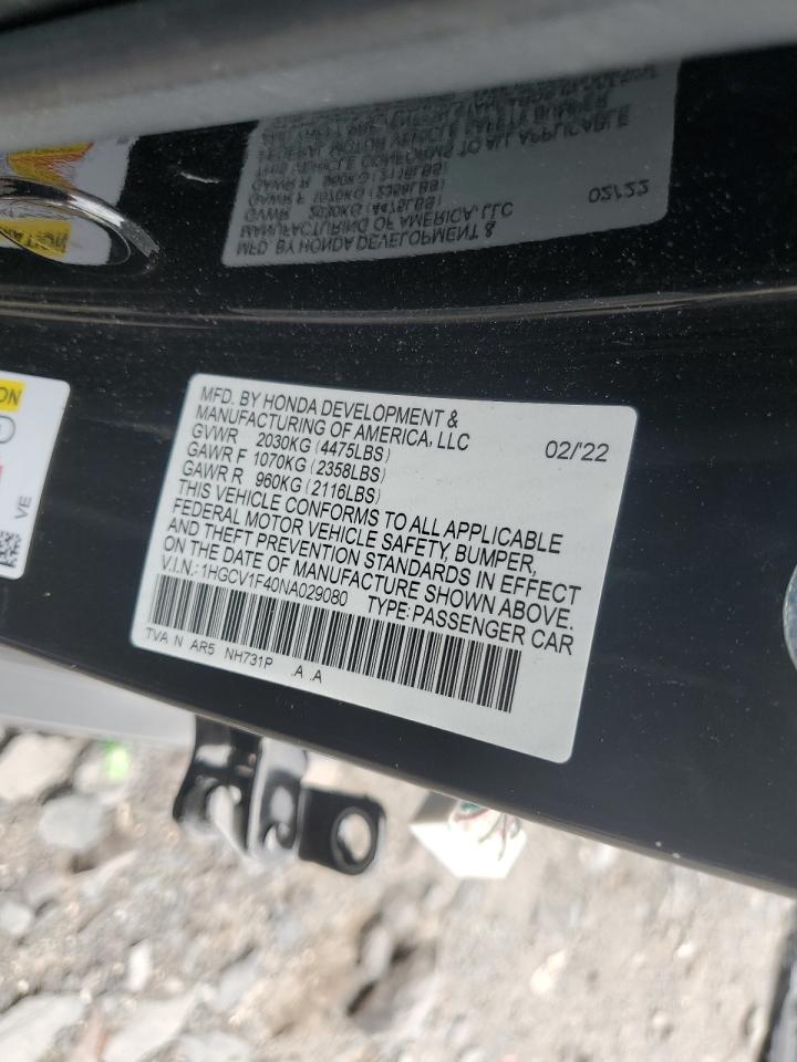 2022 Honda Accord Sport Se VIN: 1HGCV1F40NA029080 Lot: 64719465