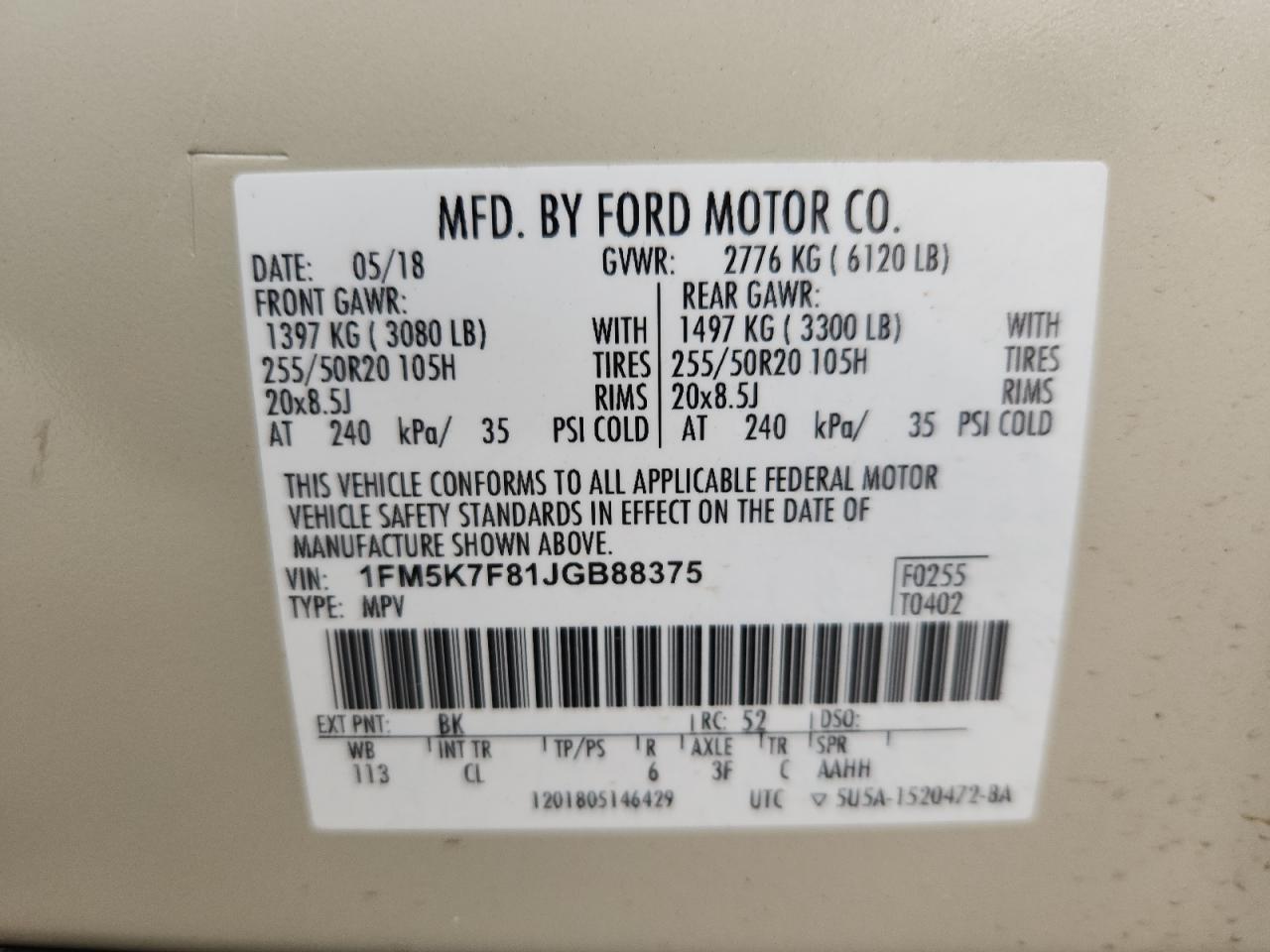 2018 Ford Explorer Limited VIN: 1FM5K7F81JGB88375 Lot: 64586975