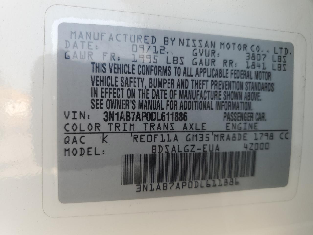 2013 Nissan Sentra S VIN: 3N1AB7AP0DL611886 Lot: 64777605