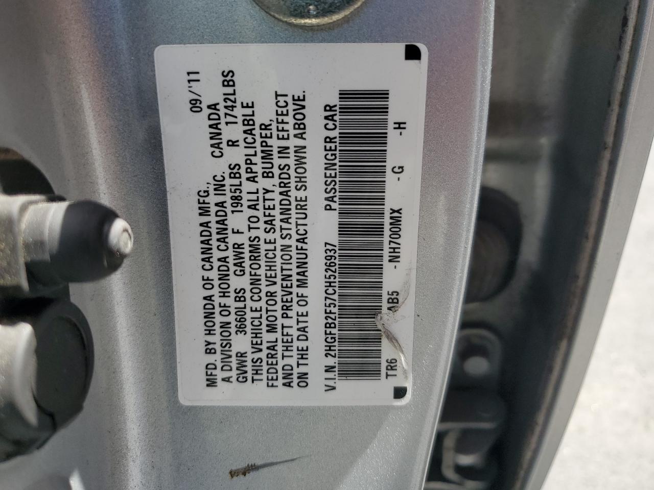 2012 Honda Civic Lx VIN: 2HGFB2F57CH526937 Lot: 64144785