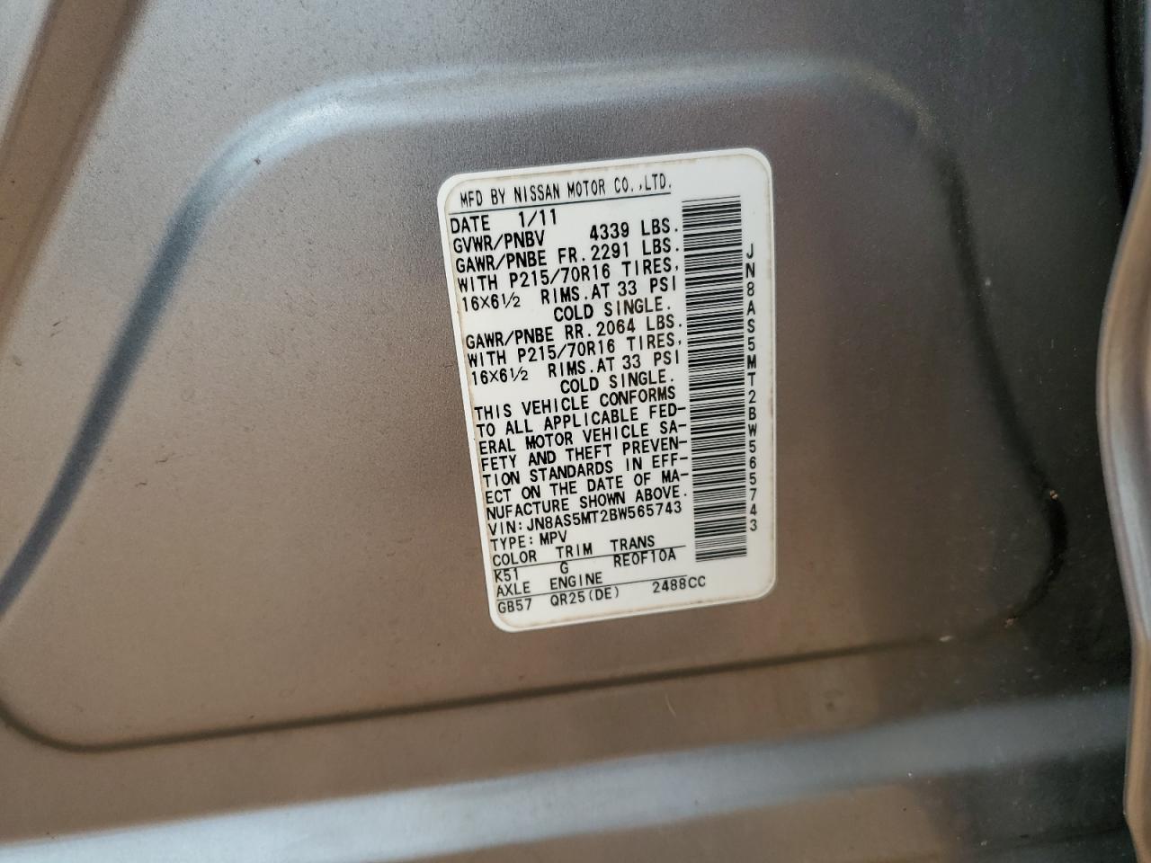 2011 Nissan Rogue S VIN: JN8AS5MT2BW565743 Lot: 64993085