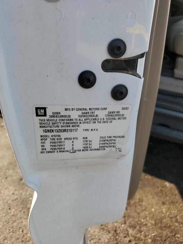 2003 Chevrolet Tahoe K1500 VIN: 1GNEK13Z63R315117 Lot: 64120625