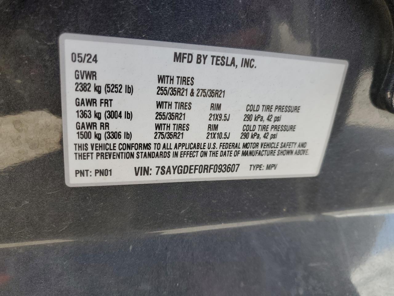 2024 Tesla Model Y VIN: 7SAYGDEF0RF093607 Lot: 65121675