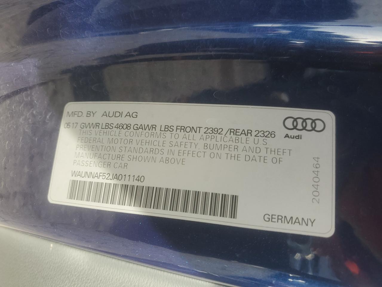 2018 Audi A5 Premium VIN: WAUNNAF52JA011140 Lot: 62852725