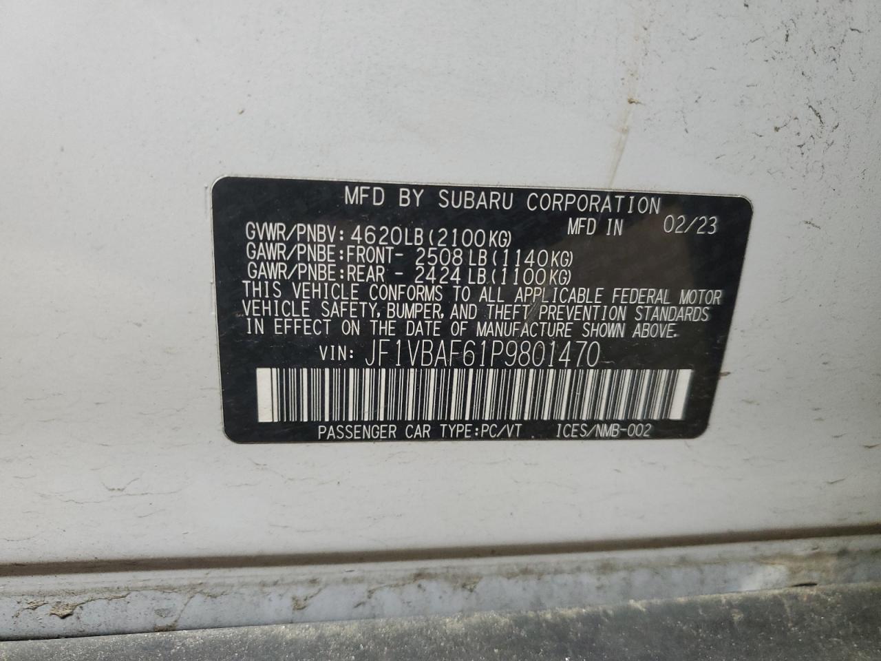 2023 Subaru Wrx Premium VIN: JF1VBAF61P9801470 Lot: 64382175