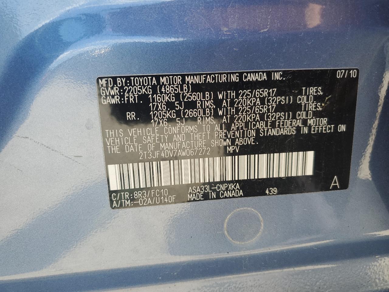 2010 Toyota Rav4 VIN: 2T3JF4DV7AW067272 Lot: 65192485