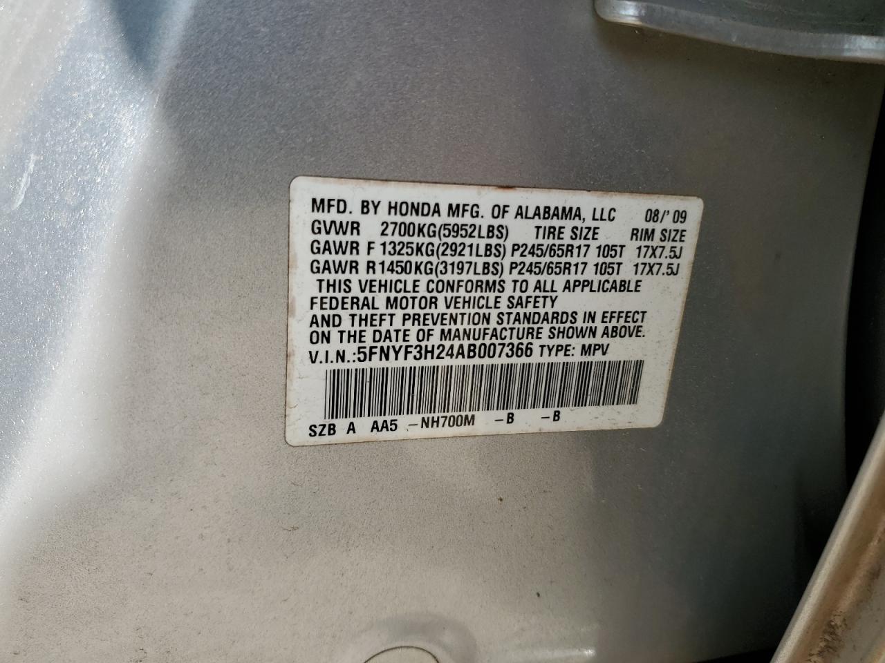 2010 Honda Pilot Lx VIN: 5FNYF3H24AB007366 Lot: 65041855