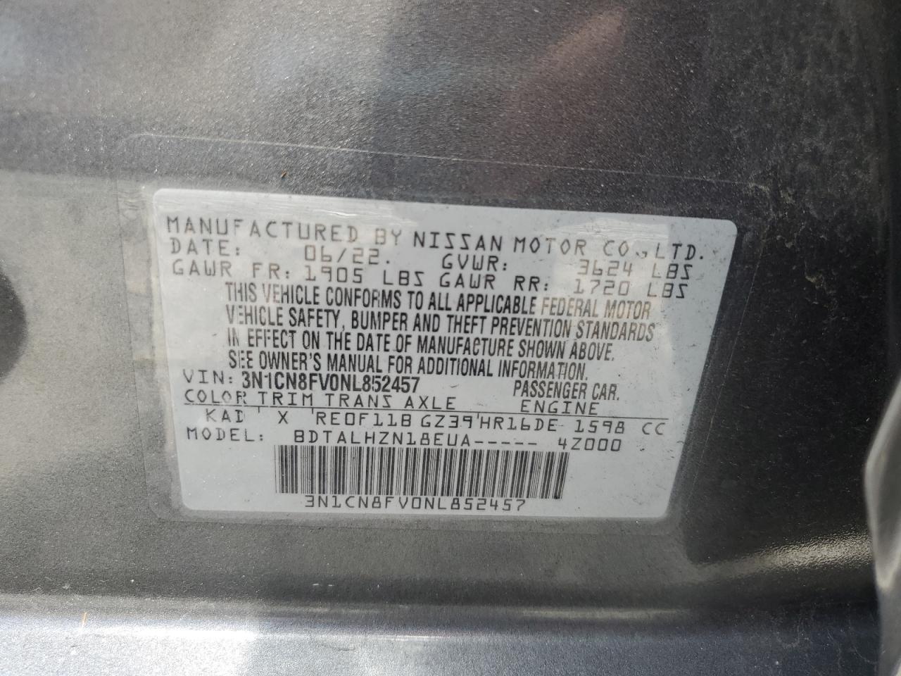 2022 Nissan Versa Sr VIN: 3N1CN8FV0NL852457 Lot: 64337475