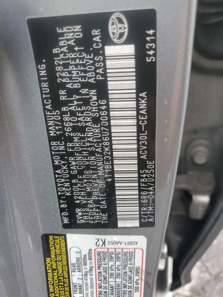 2006 Toyota Camry Le VIN: 4T1BE32K86U700646 Lot: 66077705