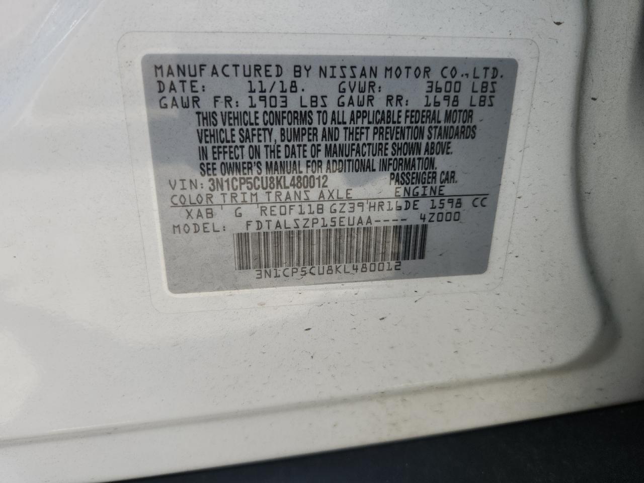2019 Nissan Kicks S VIN: 3N1CP5CU8KL480012 Lot: 64538845