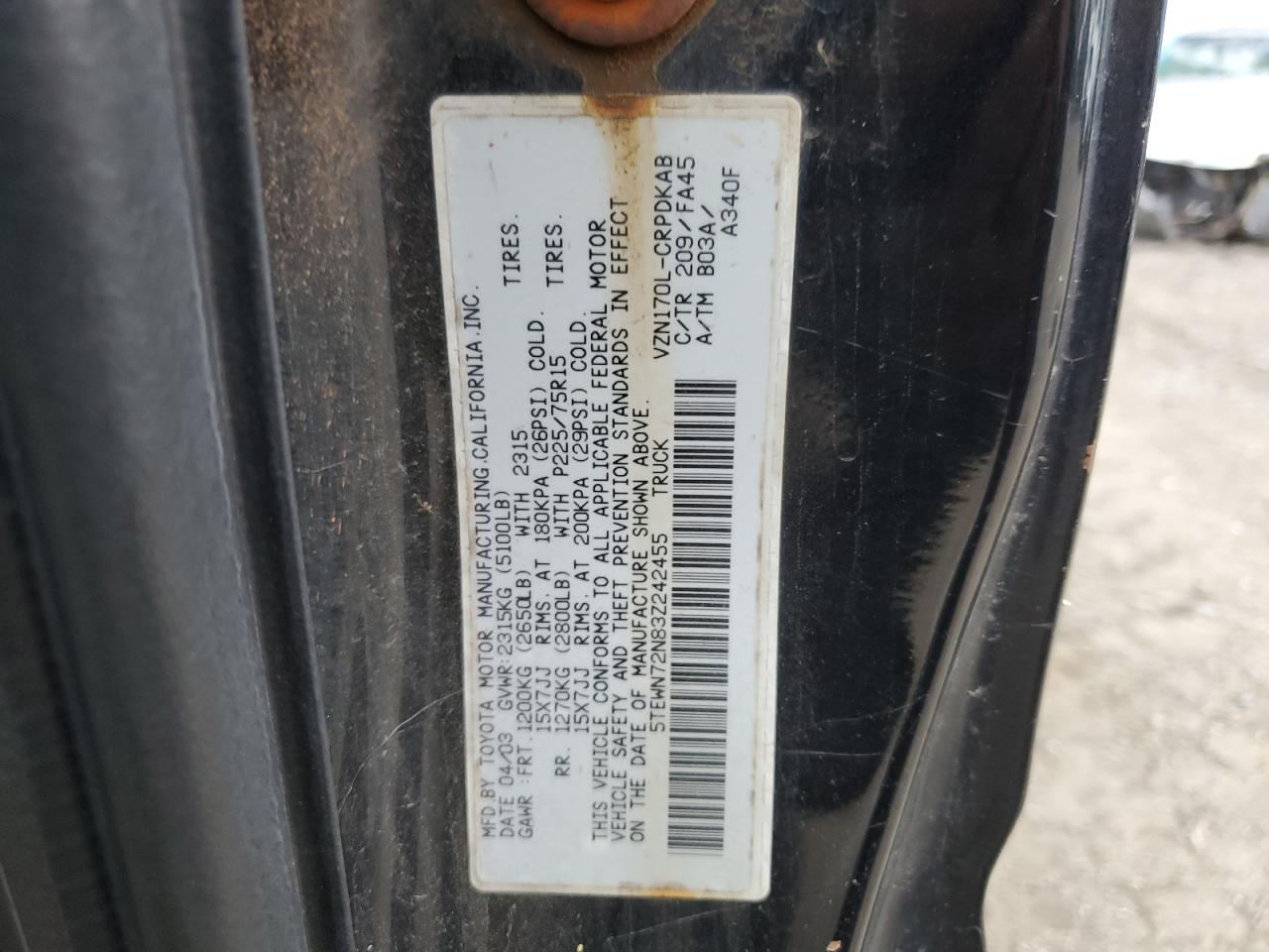 2003 Toyota Tacoma Xtracab VIN: 5TEWN72N83Z242455 Lot: 63818555