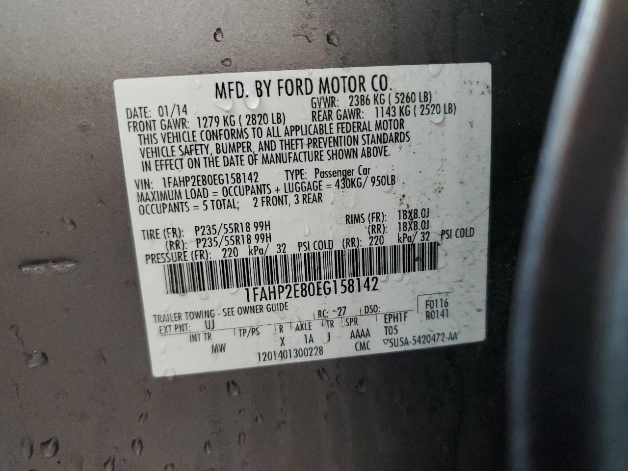 2014 Ford Taurus Sel VIN: 1FAHP2E80EG158142 Lot: 64853605