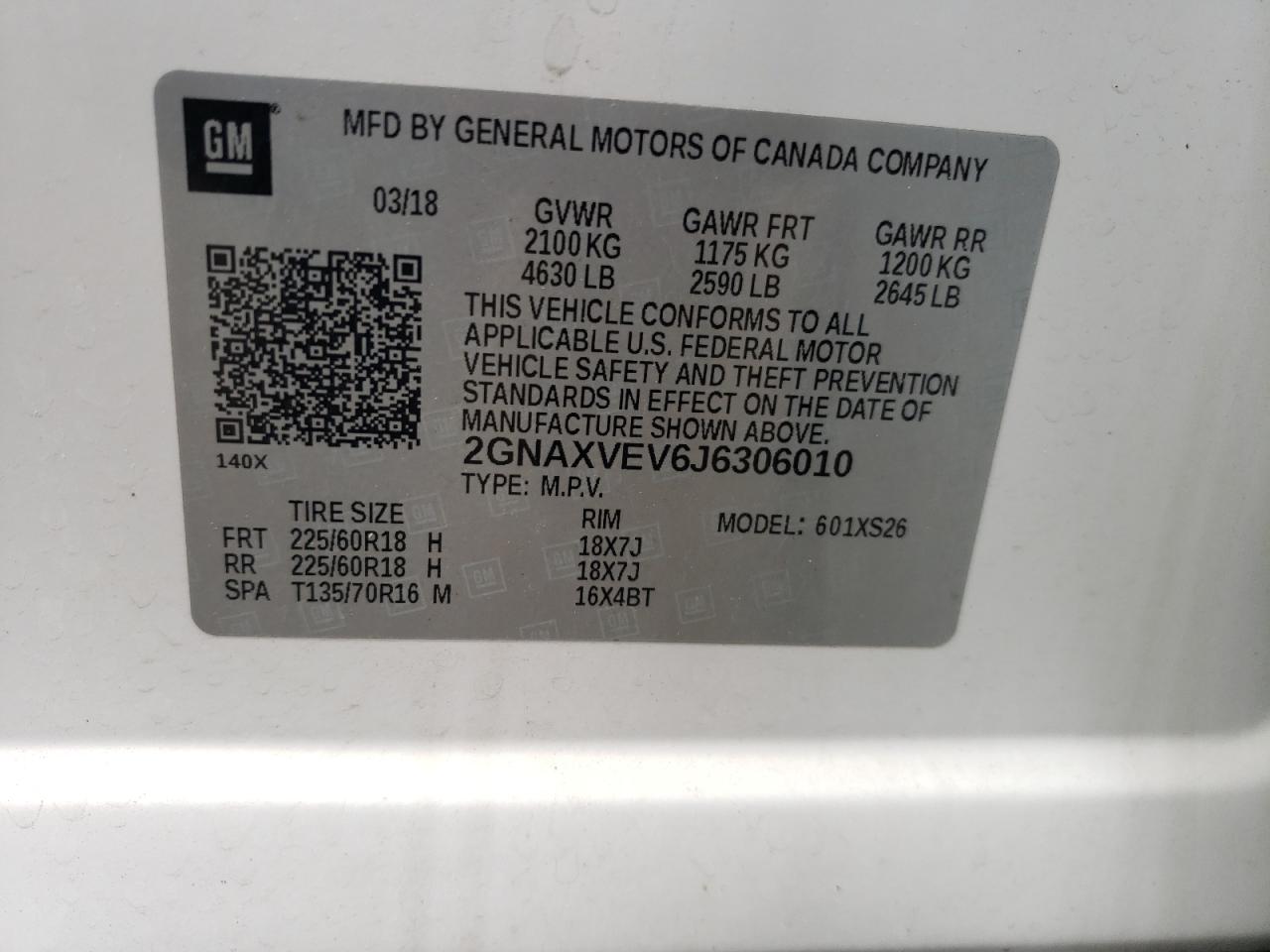 2018 Chevrolet Equinox Premier VIN: 2GNAXVEV6J6306010 Lot: 64092035